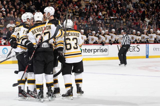 Brad Marchand celebrates his goal with teammates (2/25/12)
